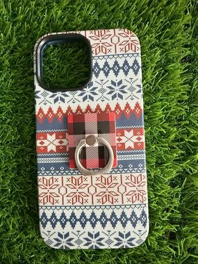 iPhone 13 Pro Max Red and Navy Patterned Phone Case with Ring Holder